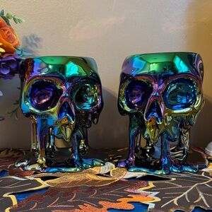 Pair of BBW Iridescent Skull Candle Holders